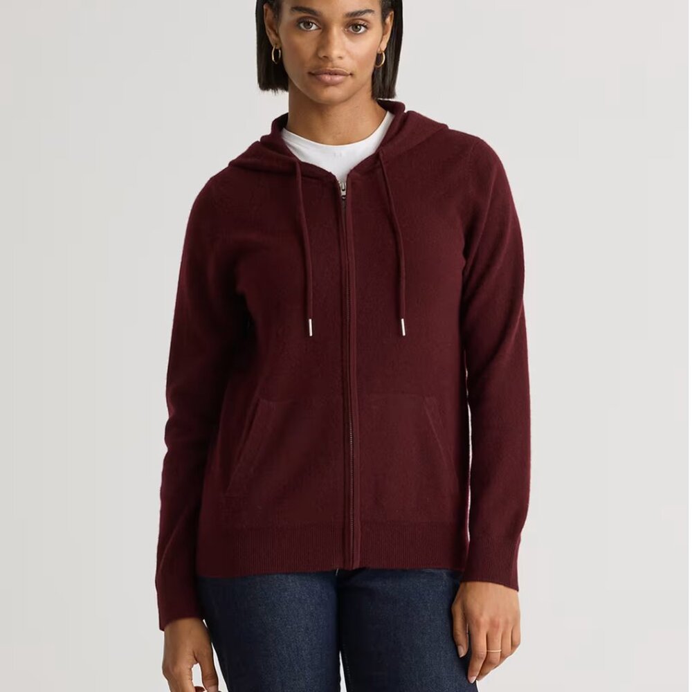 Quince Cashmere Zip Hoodie in Rich Burgundy, Size X-Large